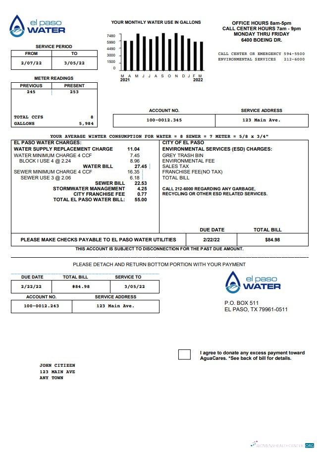 download download USA Texas El Paso Water utility bill template in Word and PDF format PDF template PDF template